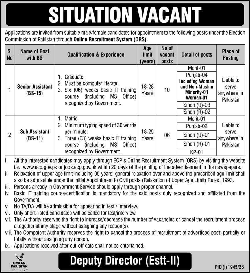 Apply for ECP Jobs 2026 for 16 Senior Assistant BS 15 and Sub Assistant BS 11 posts. Check eligibility, quotas and 17 September deadline.