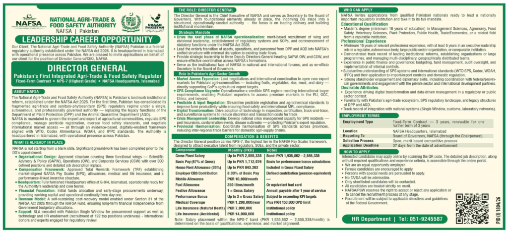 National Agri-Trade & Food Safety Authority (NAFSA) Jobs 2026: Apply Online Across Pakistan